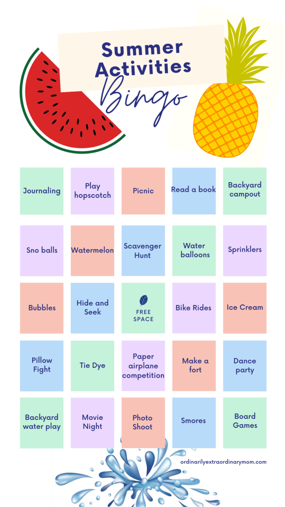 Summer Activities BINGO | ordinarilyextraordinarymom #summeractivities #summerbucketlist #kidsactvities #freeactivitiesforkids #cheapactivitiesforkids