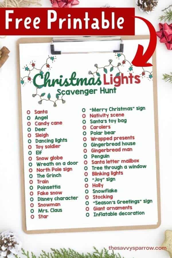 FREE Christmas Lights Scavenger Hunt #freeprintable #freechristmasprintable #freechristmasactivities #freekidsactivites #kidsactivites #christmasactivities #christmasscavengerhunt