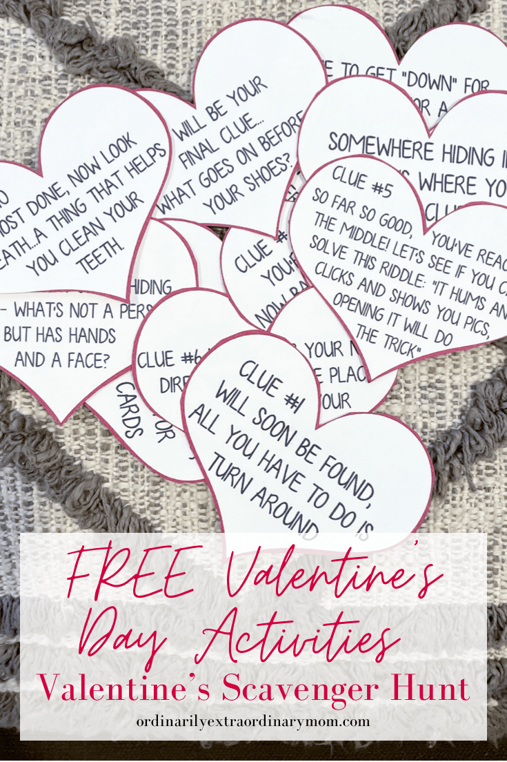 Free Valentine's Day Activities for Kids - Valetine's Scavenger Hunt | ordinarilyextraordinarymom #valentinesday #diyvalentinesday #freeprintable #kidsactivites #freeactivitiesforkids